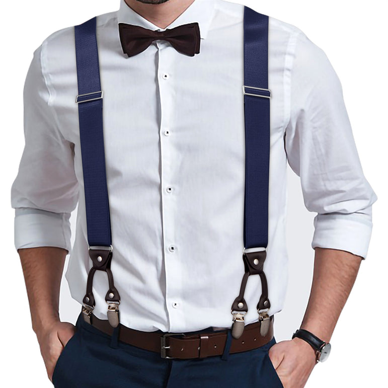 "Buyless Fashion Satin Twill Formal Mens 2 Pack Suspenders - 48"" Adjustable 6 Clip Y Back - 1 1/4"" Leather End"