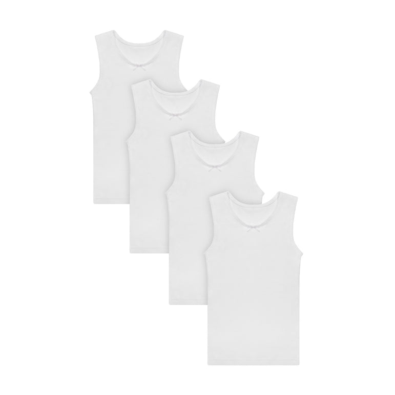 Buyless Fashion Big Girls Tagless Cami Scoop Neck Undershirts White Cotton Tank With Trim (8 Pack)