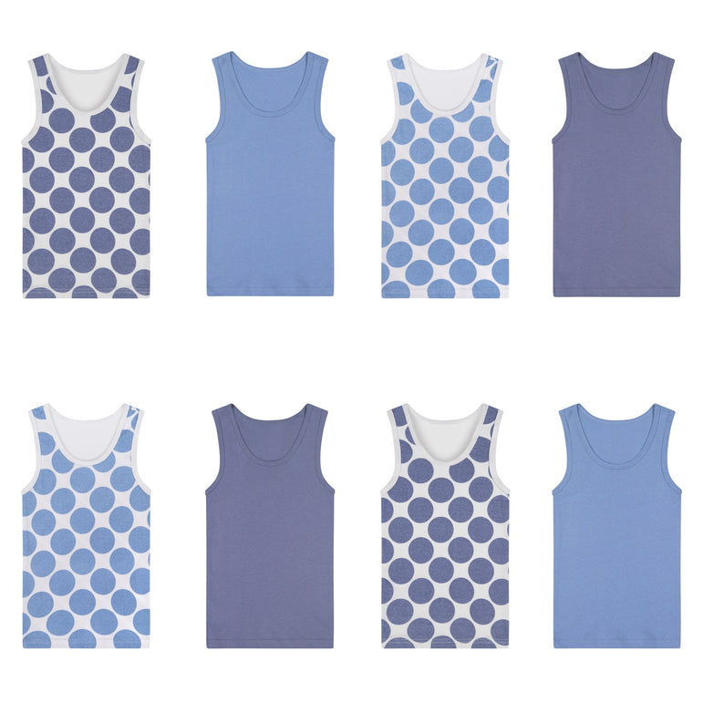 Buyless Fashion Boys Scoop Neck Tagless Undershirts Soft Cotton Blue Polka Dot Tank Top (8 Pack)