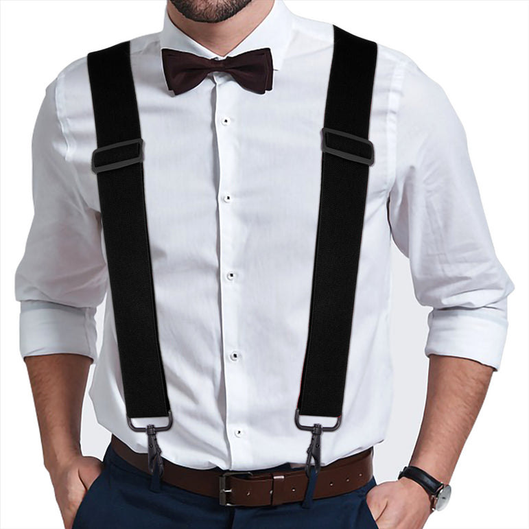 "Buyless Fashion Mens Suspenders - 48"" Elastic Adjustable Heavy Duty 2"" Wide - X Back With Black Hooks"
