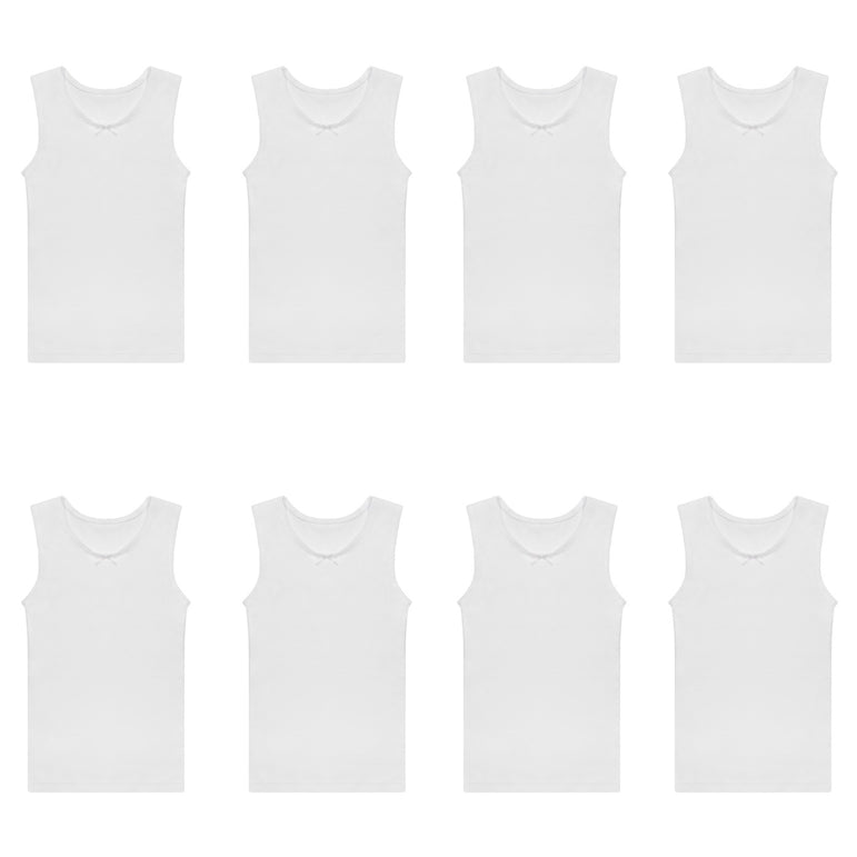 Buyless Fashion Big Girls Tagless Cami Scoop Neck Undershirts White Cotton Tank With Trim (8 Pack)