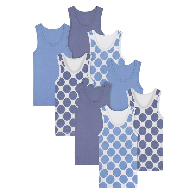 Buyless Fashion Boys Scoop Neck Tagless Undershirts Soft Cotton Blue Polka Dot Tank Top (8 Pack)
