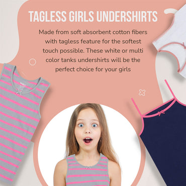 Buyless Fashion Girls Tagless Cami Scoop Neck Undershirts Cotton Tank With Trim and Strap (4 Pack)