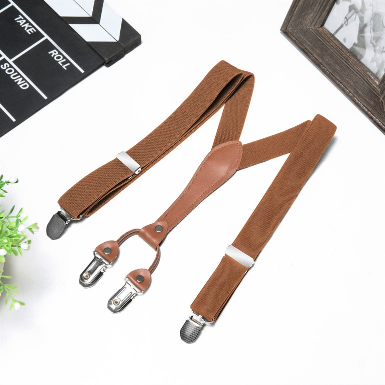 "Buyless Fashion Mens 2 Pack Suspenders - 48"" Elastic Adjustable Straps 1"" - Leather Y Shape Back"