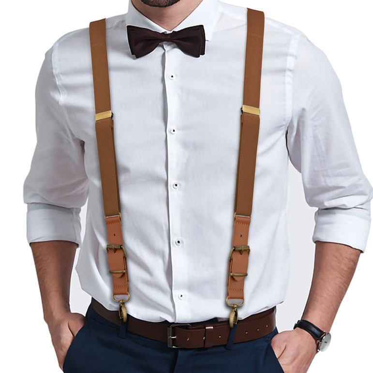 "Buyless Fashion Leather End 2 Pack Suspenders for Men - 48"" Elastic Adjustable Straps 1"" - Y Back with Metal Hooks"