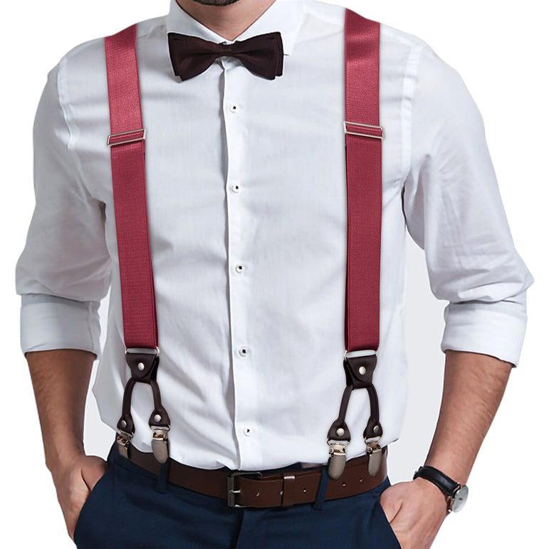 "Buyless Fashion Satin Twill Formal Mens 2 Pack Suspenders - 48"" Adjustable 6 Clip Y Back - 1 1/4"" Leather End"