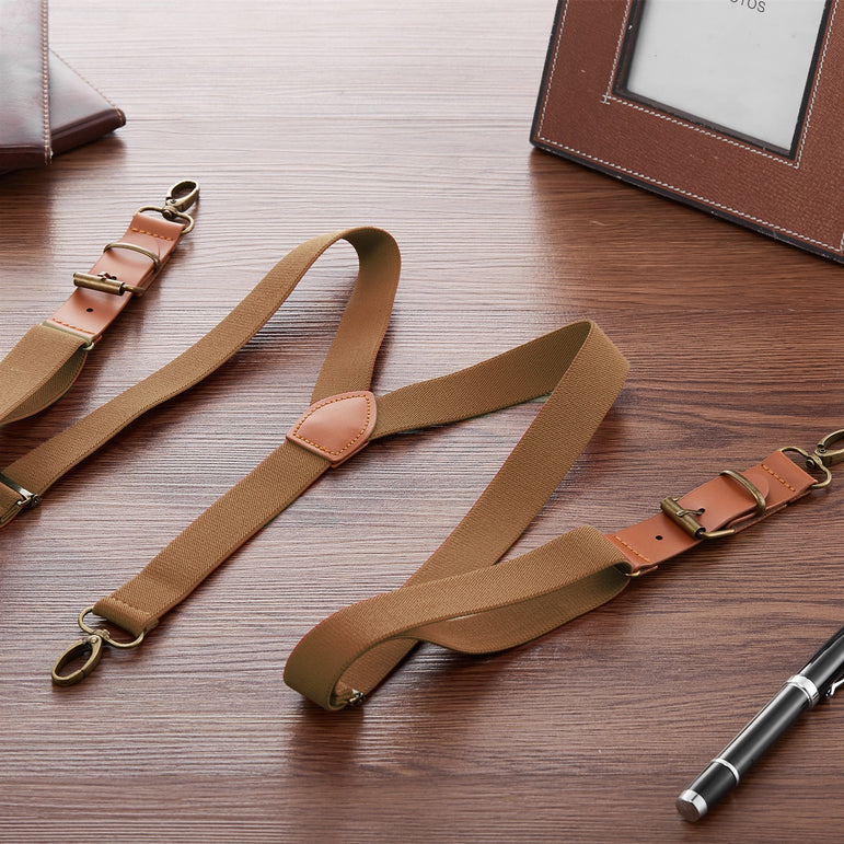 "Buyless Fashion Leather End 2 Pack Suspenders for Men - 48"" Elastic Adjustable Straps 1"" - Y Back with Metal Hooks"