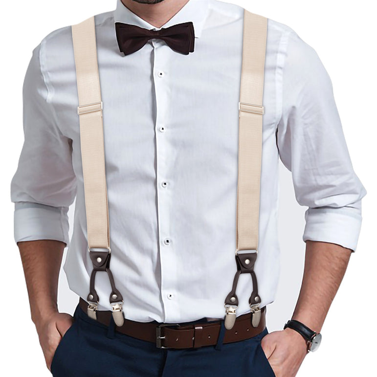 "Buyless Fashion Satin Twill Formal Mens 2 Pack Suspenders - 48"" Adjustable 6 Clip Y Back - 1 1/4"" Leather End"