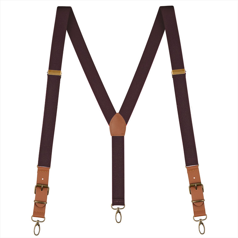 Buyless Fashion Leather End Suspenders for Men - 48" Elastic Adjustable Straps 1 1/4" - Y Back with Metal Hooks
