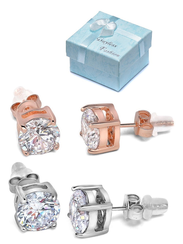 Buyless Fashion Womens and Girls Stud Earrings  - 2 Pair White and Rose Gold with Crystal and Gift Box