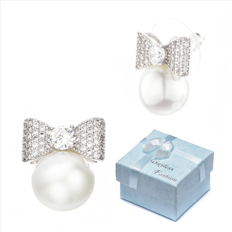 Buyless Fashion Girls Bow Pearl Stud Earrings Surgical Stainless Steel Gift Box