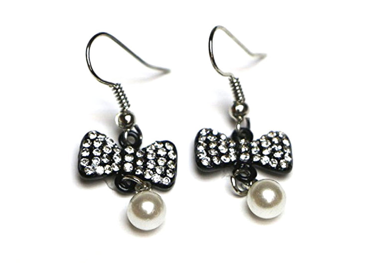 Buyless Fashion Surgical Steel Rhodium Plated Girls Hanging bow Earrings With Dangling Pearl