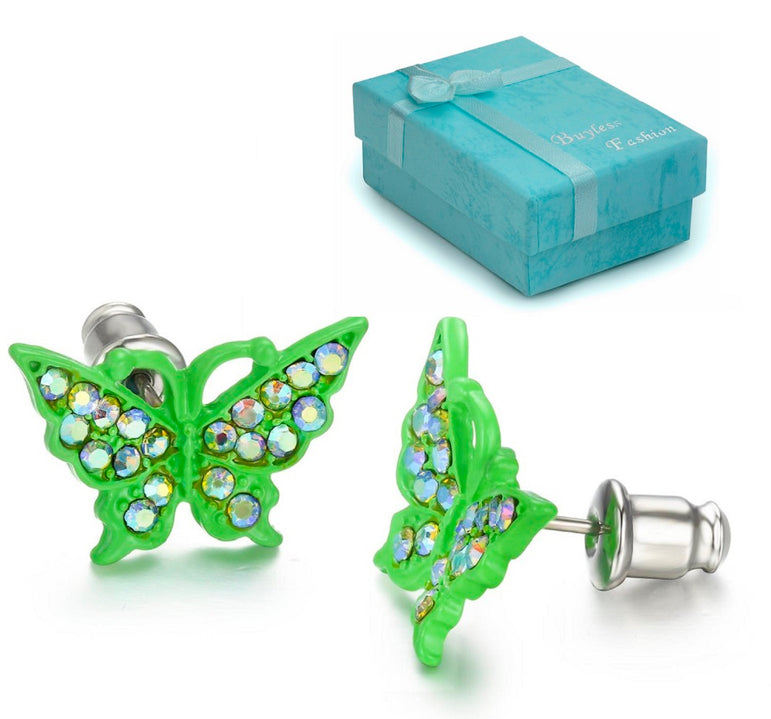 Buyless Fashion Girls Butterfly Stud Earrings Crystal Stainless Steel In Gift Box