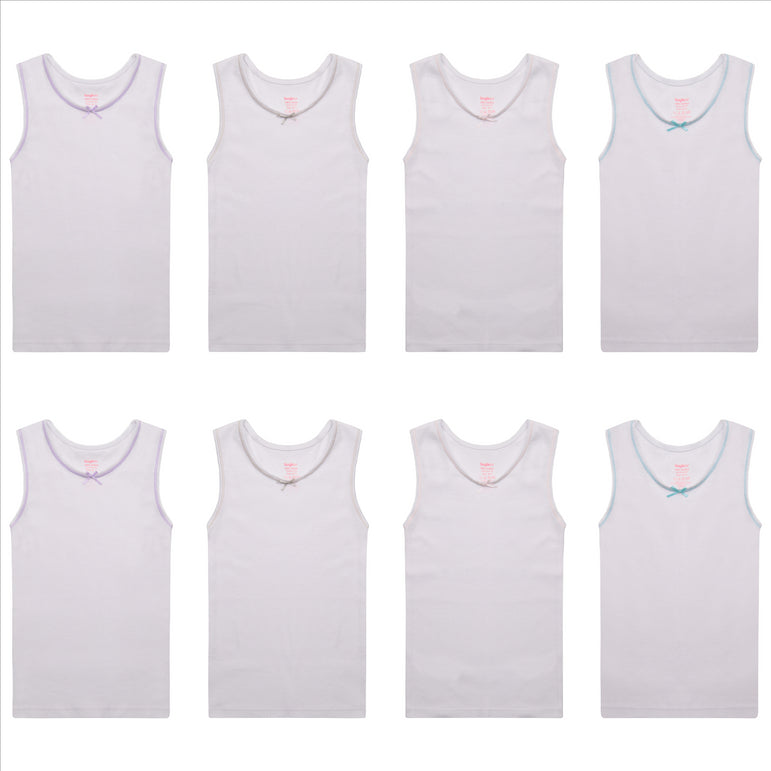Buyless Fashion Girls Tagless Cami Scoop Neck Undershirts Cotton Tank With Trim and Strap (8 Pack)