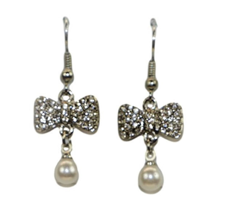Buyless Fashion Surgical Steel Rhodium Plated Girls Hanging bow Earrings With Dangling Pearl