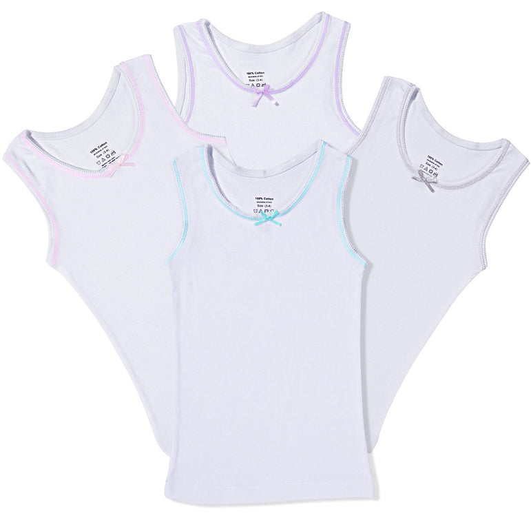 Buyless Fashion Girls Tagless Cami Scoop Neck Undershirts Cotton Tank With Trim and Strap (4 Pack)