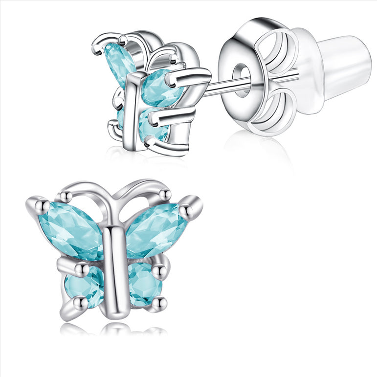 Buyless Fashion Girls Butterfly Birthstone Stud Earrings - Hypoallergenic Surgical Stainless Steel with Cubic Zirconia