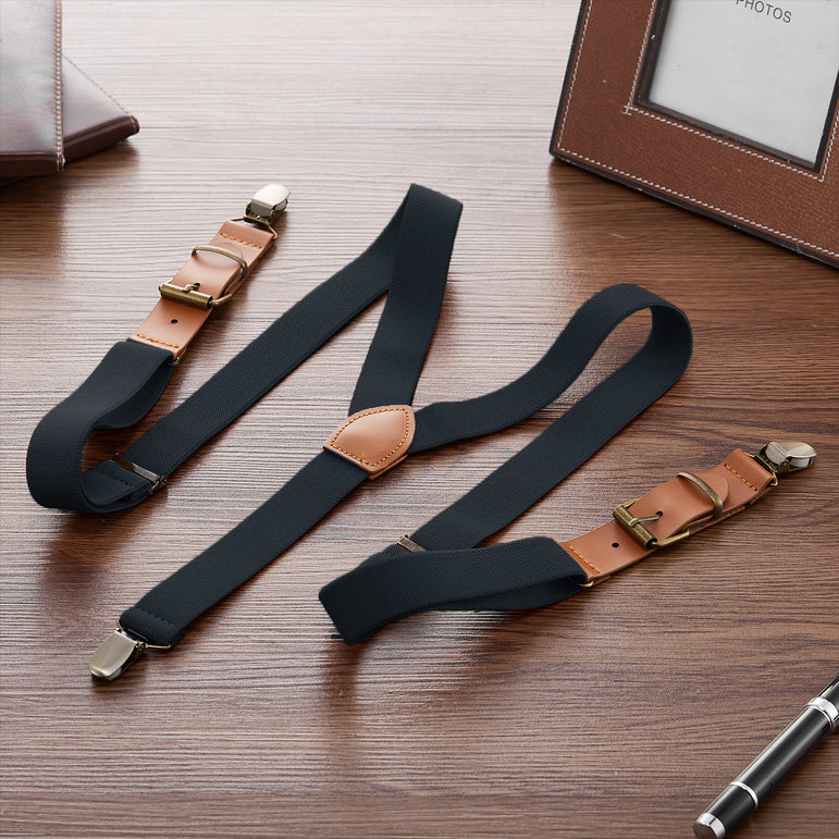 Buyless Fashion Leather End Suspenders for Men - 48 Elastic Adjustable Straps 1 1/4 - Y Shape