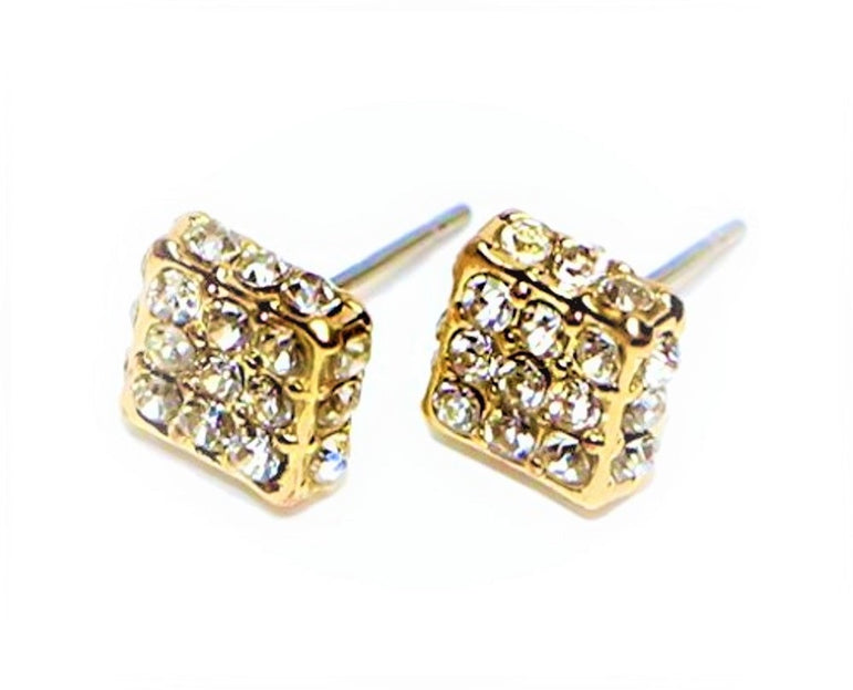 Buyless Fashion Hypoallergenic Surgical Steel Clear CZ Studded Square Earring with Push Back