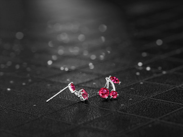 Buyless Fashion Girls Cherry Fruit Stud Earrings Sparkling Crystal